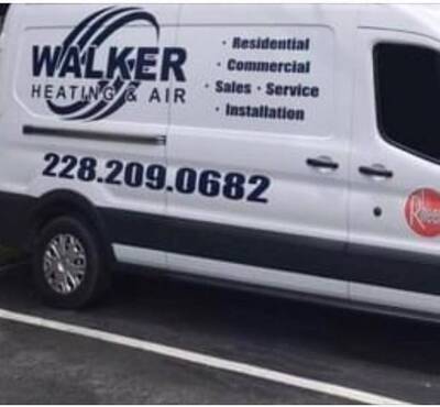 White work van lettered Walker Heating & Air, Residential, Commercial, Sales, Service, Installation, 228.209.0682